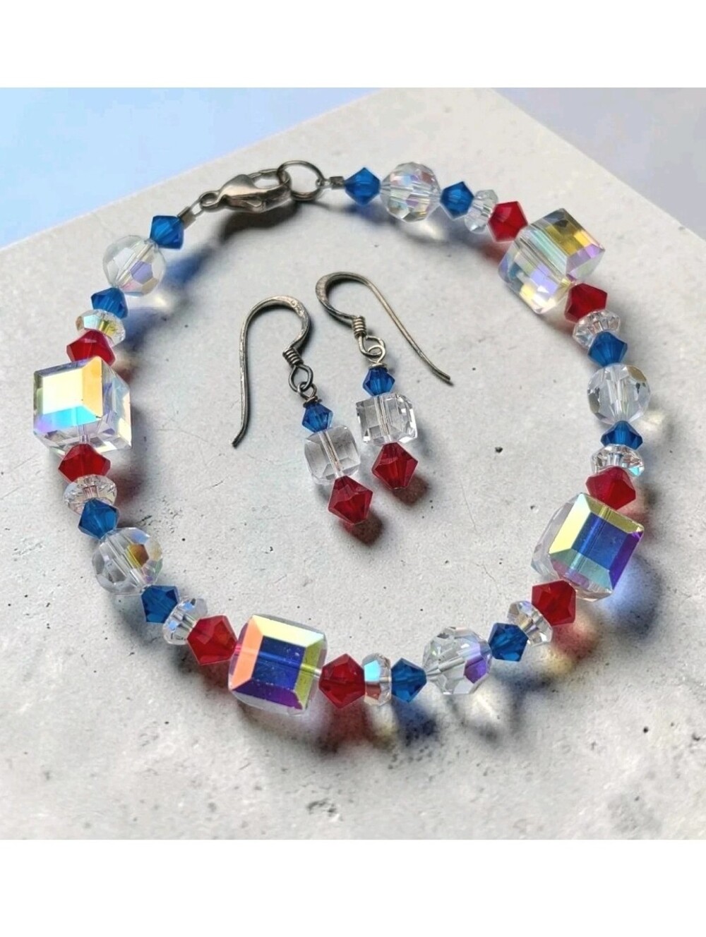 Vintage Sterling Silver 925 Patriotic Glass Crystal Bracelet & Drop Earrings Set